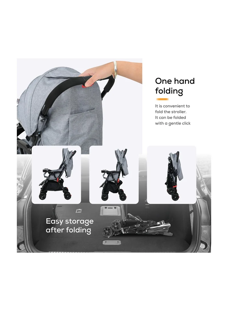 Nurtur Bliss Ultra Compact Lightweight Baby Travel Stroller with Storage Basket, Detachable Food Tray, Reclining Seat and Leg Rest, 0-36 Months, Grey