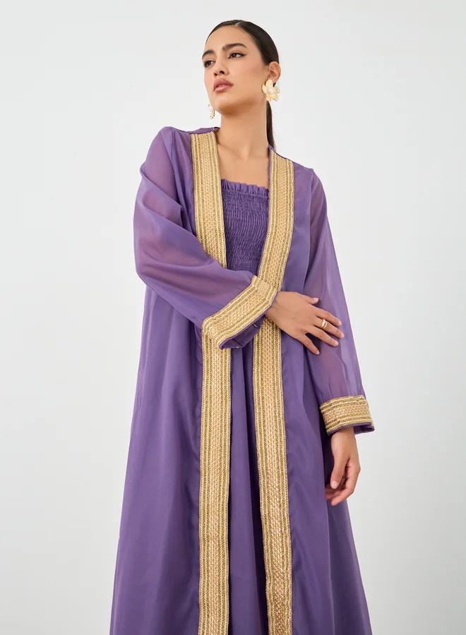 تايك تو Take Two Lace Trim Open Front Kimono with Smocking Detail Dress Set