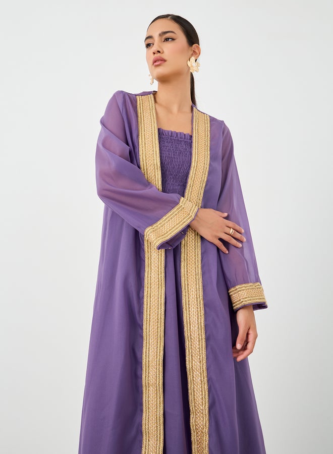 Take Two Lace Trim Open Front Kimono with Smocking Detail Dress Set - Image 3