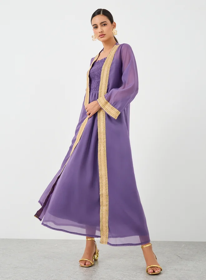 تايك تو Take Two Lace Trim Open Front Kimono with Smocking Detail Dress Set