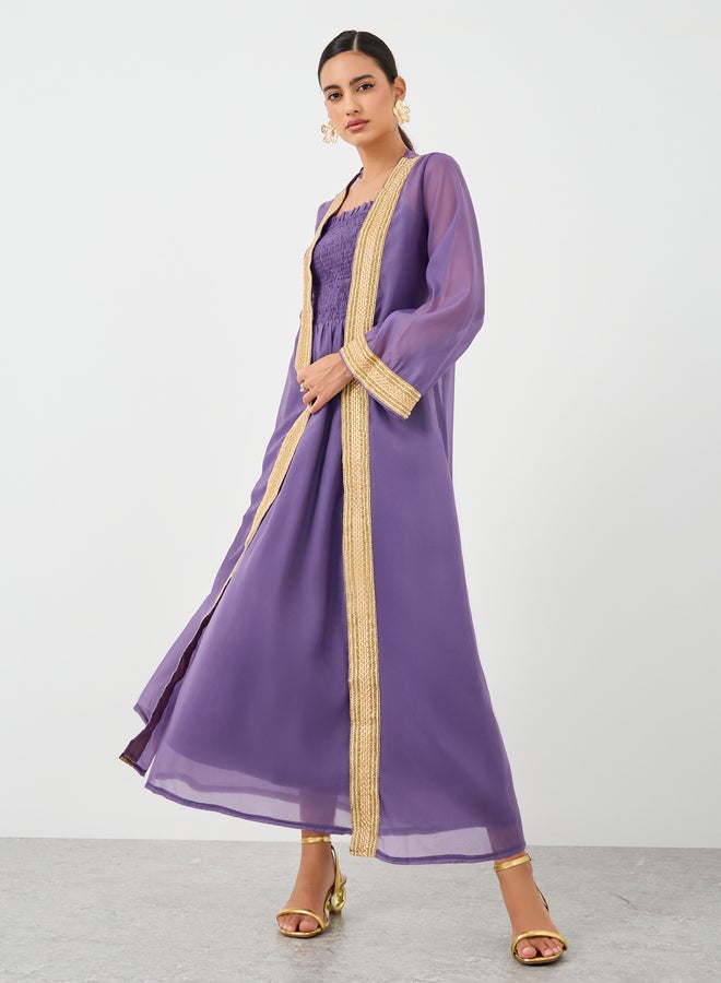 Take Two Lace Trim Open Front Kimono with Smocking Detail Dress Set - Image 2