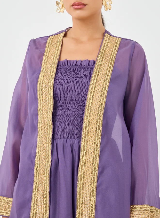 تايك تو Take Two Lace Trim Open Front Kimono with Smocking Detail Dress Set