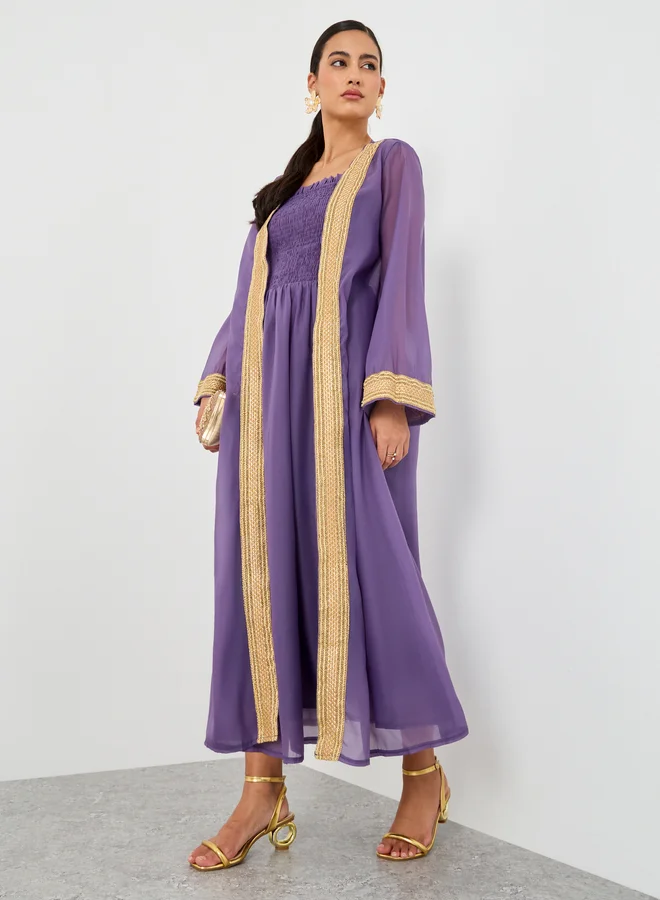 تايك تو Take Two Lace Trim Open Front Kimono with Smocking Detail Dress Set