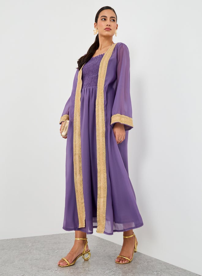 Take Two Lace Trim Open Front Kimono with Smocking Detail Dress Set - Image 1