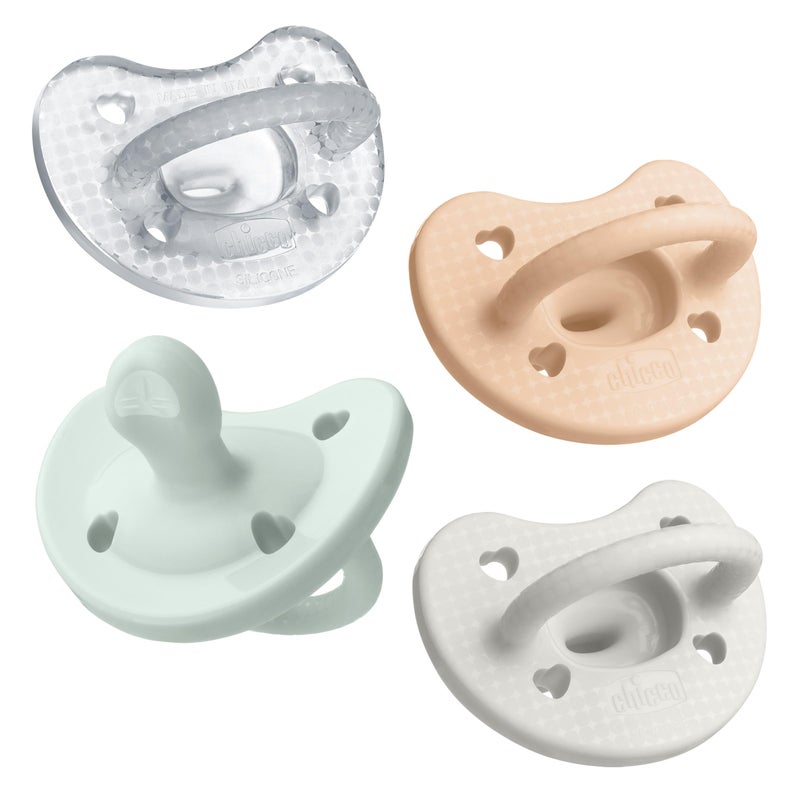 Chicco PhysioForma Luxe Orthodontic Pacifier for Babies 0-6 Months, One-Piece 100% Soft Silicone, Supports Breathing, Textured Shield & Handle, Included Sterilizing Case, BPA Free, 4-Pack, Multicolor - Image 1