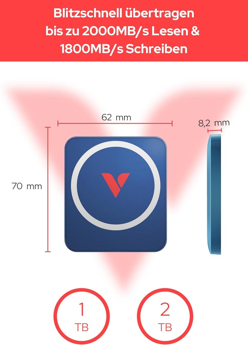 VERBATIM Snapback SSD 1TB, External SSD, USB 3.2 Gen 2x2, up to 2000MB/s Read & 1600MB/s Write, Portable External Hard Drive with 20 cm USB-C Cable, for iPhone, Android, PC & Mac, Metallic Blue - Image 2