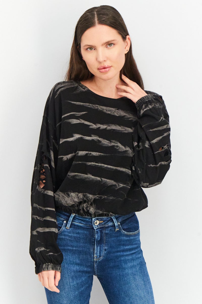 Vintage Havana Women Round Neck Long Sleeve Ripped Sweatshirt, Black Combo - Image 1