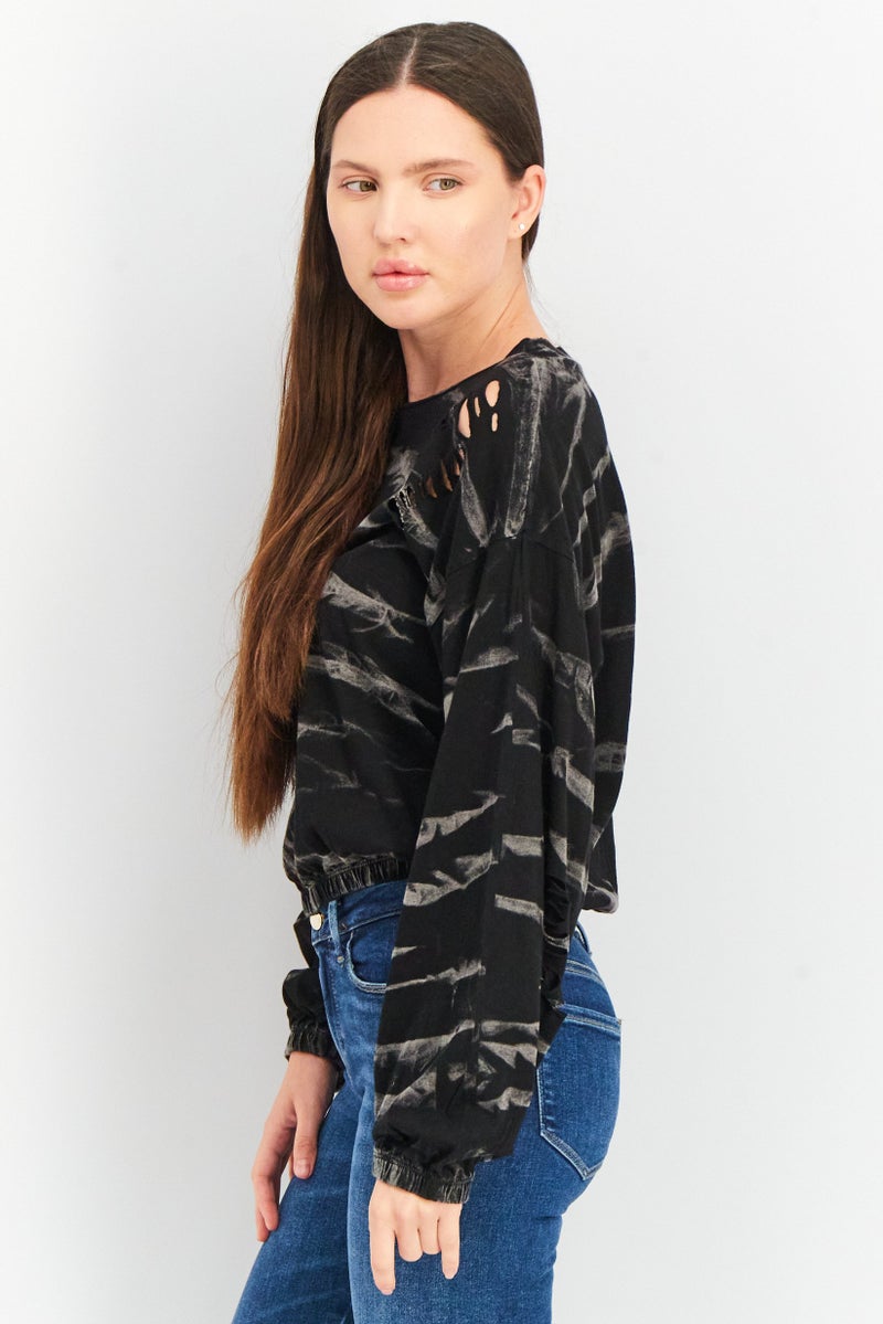 Vintage Havana Women Round Neck Long Sleeve Ripped Sweatshirt, Black Combo - Image 2