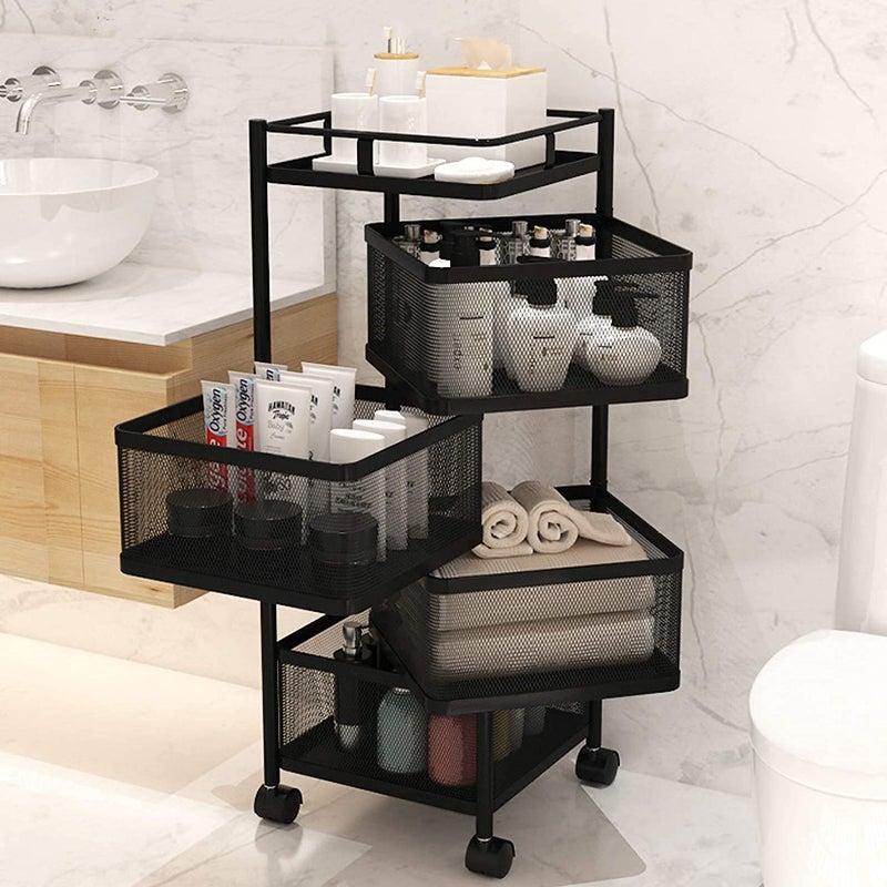 Spaceshoop Homes Element 4 Layer Metal Kitchen Trolley Kitchen Organizer Items Rotating Trolley for Kitchen Square Design for Fruits & Vegetable Onion Storage Kitchen Trolley Storage Rack with Wheels- Black - Image 2