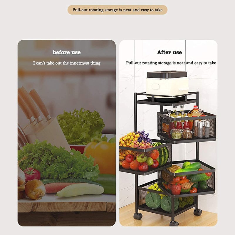 Spaceshoop Homes Element 4 Layer Metal Kitchen Trolley Kitchen Organizer Items Rotating Trolley for Kitchen Square Design for Fruits & Vegetable Onion Storage Kitchen Trolley Storage Rack with Wheels- Black - Image 5