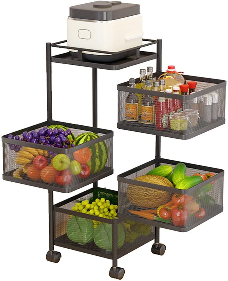 Spaceshoop Homes Element 4 Layer Metal Kitchen Trolley Kitchen Organizer Items Rotating Trolley for Kitchen Square Design for Fruits & Vegetable Onion Storage Kitchen Trolley Storage Rack with Wheels- Black - Image 1