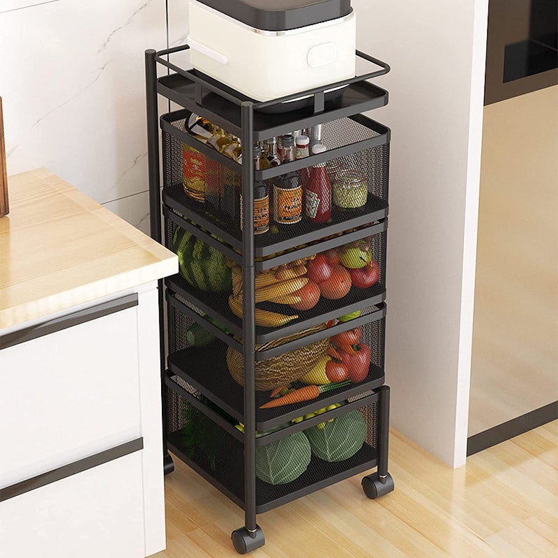 Spaceshoop Homes Element 4 Layer Metal Kitchen Trolley Kitchen Organizer Items Rotating Trolley for Kitchen Square Design for Fruits & Vegetable Onion Storage Kitchen Trolley Storage Rack with Wheels- Black - Image 3