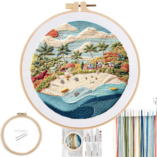 FONNUY Beach Ocean Embroidery Kit Cross Stitch Kits for Beginners Handmade Crafts with Printed Patterns for Beginner Adults Easy to Follow Color Thread Needlework 8 Hoop Coconut Tree - Image 1