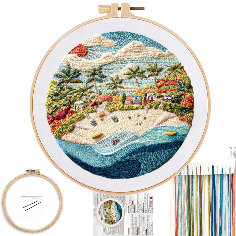 FONNUY Beach Ocean Embroidery Kit Cross Stitch Kits for Beginners Handmade Crafts with Printed Patterns for Beginner Adults Easy to Follow Color Thread Needlework 8 Hoop Coconut Tree - Image 3