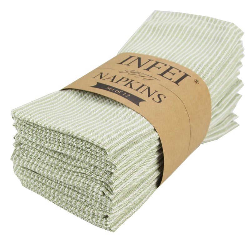 INFEI Narrow Striped Cotton Linen Blended Dinner Cloth Napkins Set of 12 40 x 30 cm for Events Home Use Green