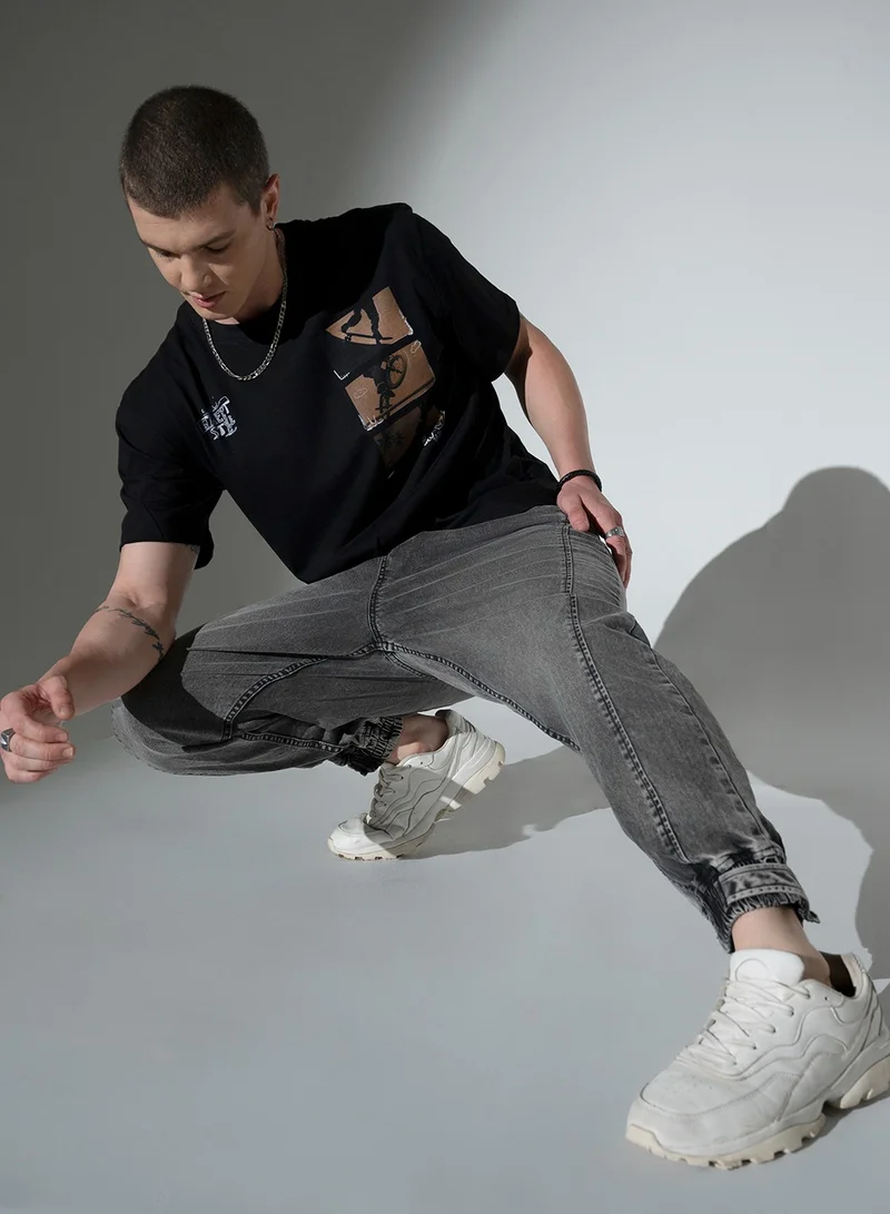هوبرهولمي Men’s Relaxed Fit Mid-Rise Stretchable Jeans in Black with Clean Look