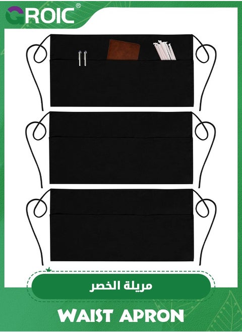 3 Pcs Half Waist Apron,Server Aprons with 3 Pockets,Waist Apron, Waitress Apron for Women and Man,Chef Apron for Cooking Cleaning Painting with Long Waist Strap