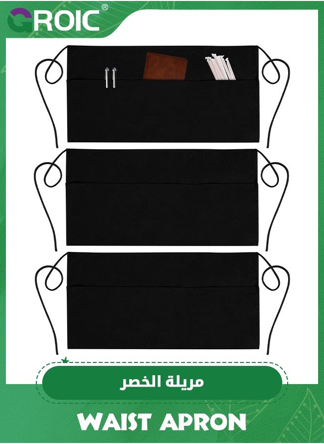 3 Pcs Half Waist Apron,Server Aprons with 3 Pockets,Waist Apron, Waitress Apron for Women and Man,Chef Apron for Cooking Cleaning Painting with Long Waist Strap