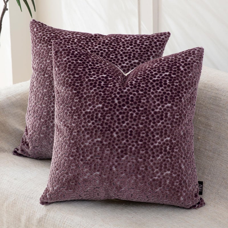 FIFU 2-Pack 18x18 Inch Decorative Throw Pillow Covers - Jacquard Velvet Front with Linen-Look Back, Invisible Zipper, Machine Washable Cushion Shells for Living Room, Bedroom & Home Sofa, Dusty Purple - Image 1