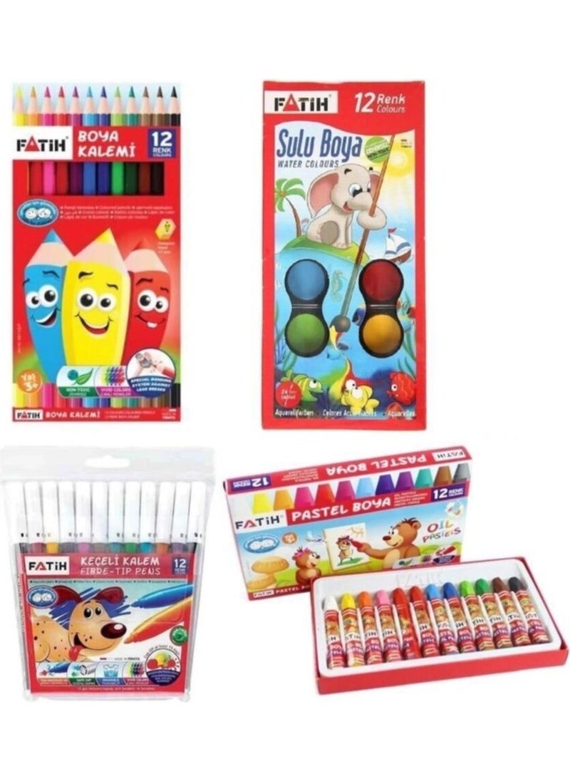 Fatih 4 Colors Painting Set 12 Colors Pastel + Watercolor + Dry Color + Felt Tip Pen 