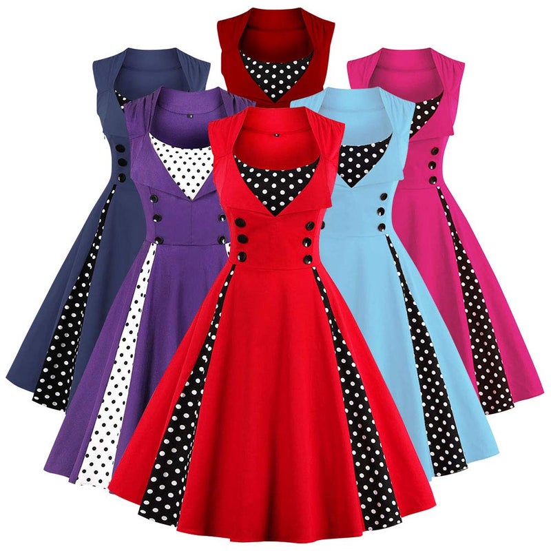 IWEMEK Women Vintage 1950s Polka Dot Retro Cocktail Prom Dresses Double Breasted Notch Lapel 50's 60's Rockabilly V Neck Patchwork Button Audrey Swing Dress Wedding Party Flared Midi Dress 02#Wine Red M - Image 3