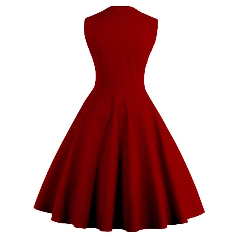 IWEMEK Women Vintage 1950s Polka Dot Retro Cocktail Prom Dresses Double Breasted Notch Lapel 50's 60's Rockabilly V Neck Patchwork Button Audrey Swing Dress Wedding Party Flared Midi Dress 02#Wine Red M - Image 2