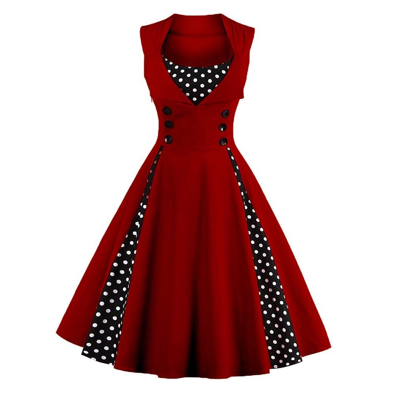 IWEMEK Women Vintage 1950s Polka Dot Retro Cocktail Prom Dresses Double Breasted Notch Lapel 50's 60's Rockabilly V Neck Patchwork Button Audrey Swing Dress Wedding Party Flared Midi Dress 02#Wine Red M - Image 1