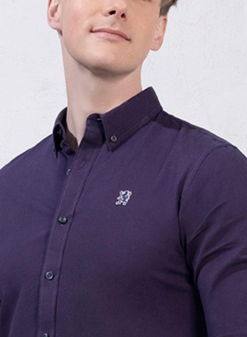 GIORDANO Men's Cotton Oxford Shirt - Small Lion Embroidery, Slim Fit, Full Button - Image 3