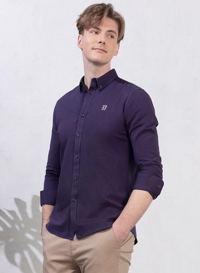 GIORDANO Men's Cotton Oxford Shirt - Small Lion Embroidery, Slim Fit, Full Button - Image 1