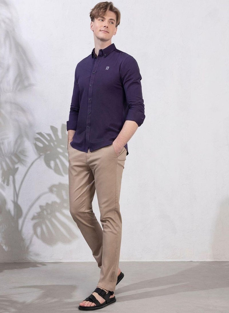 GIORDANO Men's Cotton Oxford Shirt - Small Lion Embroidery, Slim Fit, Full Button - Image 2