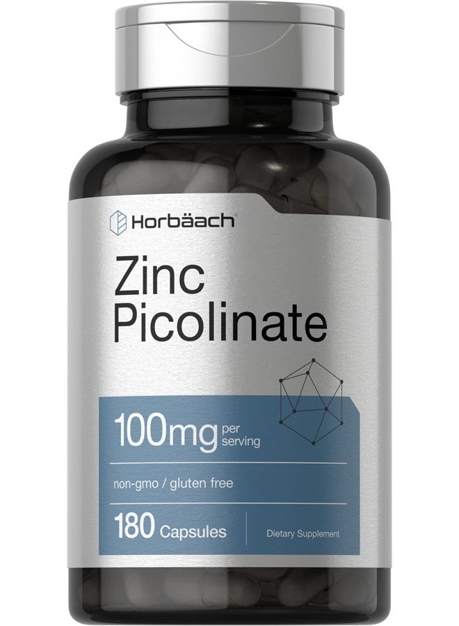 Horbaach Zinc Picolinate 100mg | 180 Capsules | High Potency | Non-GMO, Gluten Free | Zinc Supplement - Image 1