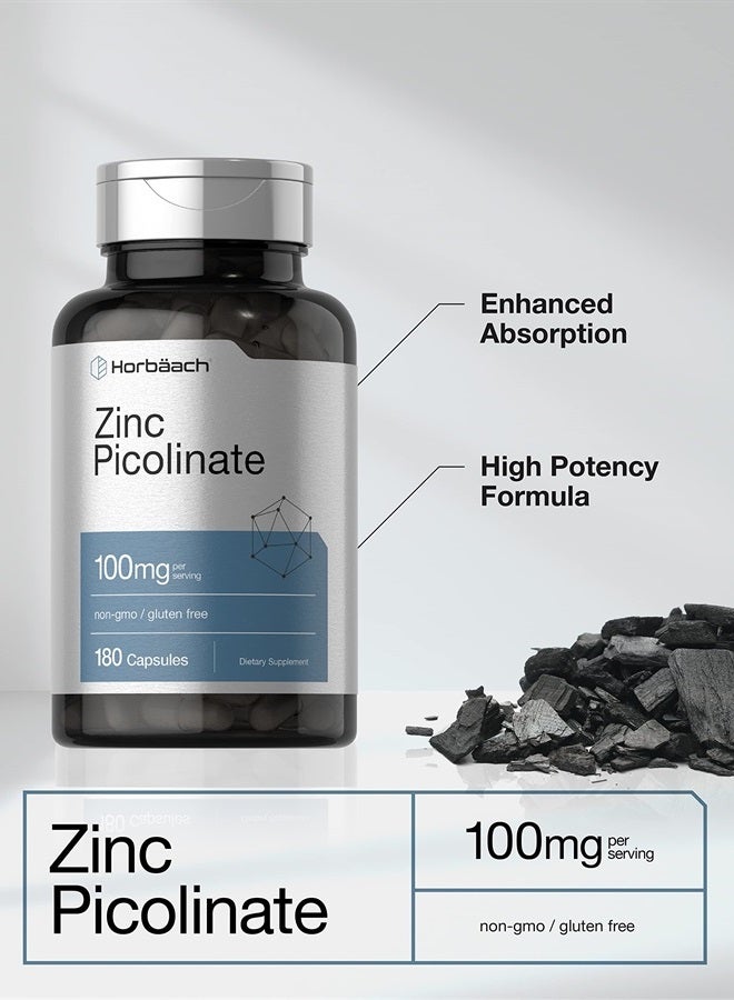 Horbaach Zinc Picolinate 100mg | 180 Capsules | High Potency | Non-GMO, Gluten Free | Zinc Supplement - Image 3