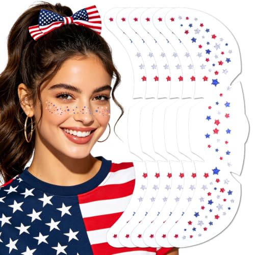 Mysense Red White and Blue Glitter Freckles Face Tattoo4th of July Outfits and Accessories for Women KidsPatriotic USA Flag Star Freckles for Independence Day 250 Anniversary6Pcs - Image 1