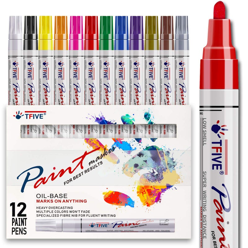 TFIVE Paint Pens Paint Markers Never Fade Quick Dry and Permanent, 12 Color Oil-Based Waterproof Marker Pen Set for Rock Painting, Ceramic, Wood, Fabric, Plastic, Canvas, Glass, Mugs - Image 1
