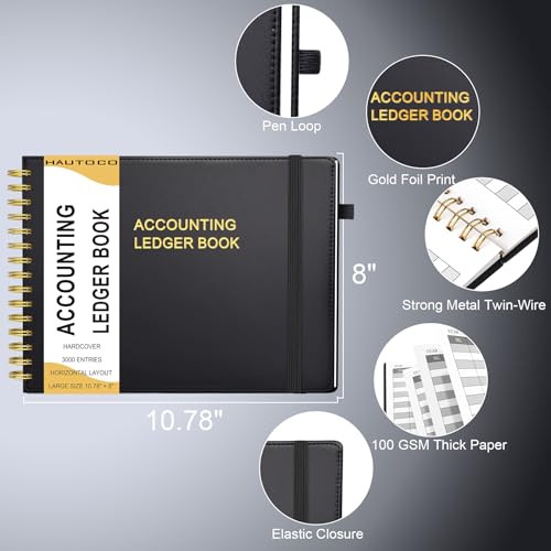 HAUTOCO Hardcover Accounting Ledger Book for Small Business Bookkeeping Horizontal Money Expense Tracker Notebook with 2 Storage Pouch, Personal Columnar Log Journal 10.78 x 8'', Black - Image 3
