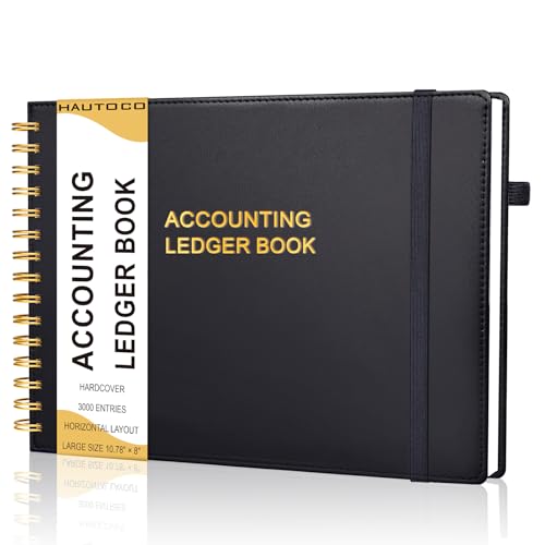 HAUTOCO Hardcover Accounting Ledger Book for Small Business Bookkeeping Horizontal Money Expense Tracker Notebook with 2 Storage Pouch, Personal Columnar Log Journal 10.78 x 8'', Black - Image 1