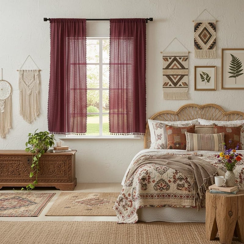 WAZZIO Burgundy Sheer Curtains 63 Inches Long 2 Panel Cotton Blend Crochet Lace Curtain Tassel Rod Pocket Design Semi Sheer Light Filtering Boho Curtains for Bedroom Living Room Window Drapes Dark Red - Image 5
