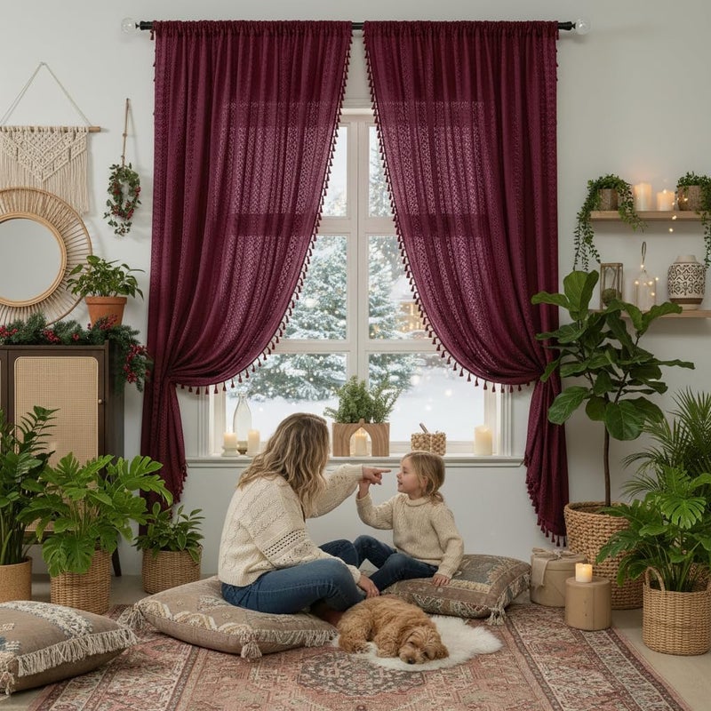 WAZZIO Burgundy Sheer Curtains 63 Inches Long 2 Panel Cotton Blend Crochet Lace Curtain Tassel Rod Pocket Design Semi Sheer Light Filtering Boho Curtains for Bedroom Living Room Window Drapes Dark Red - Image 2