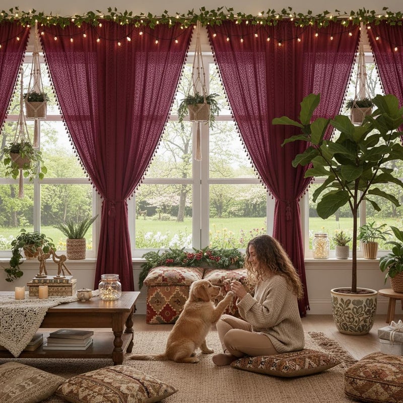 WAZZIO Burgundy Sheer Curtains 63 Inches Long 2 Panel Cotton Blend Crochet Lace Curtain Tassel Rod Pocket Design Semi Sheer Light Filtering Boho Curtains for Bedroom Living Room Window Drapes Dark Red - Image 4