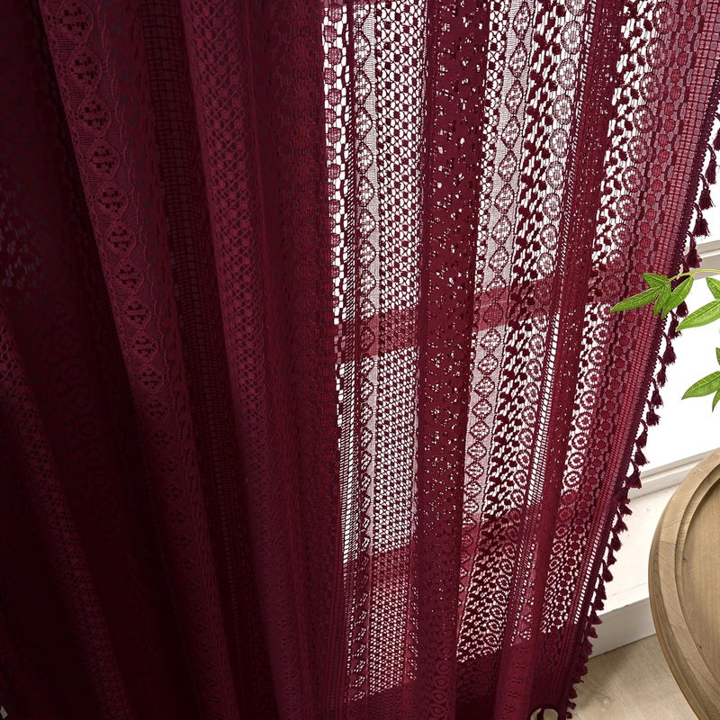 WAZZIO Burgundy Sheer Curtains 63 Inches Long 2 Panel Cotton Blend Crochet Lace Curtain Tassel Rod Pocket Design Semi Sheer Light Filtering Boho Curtains for Bedroom Living Room Window Drapes Dark Red - Image 3