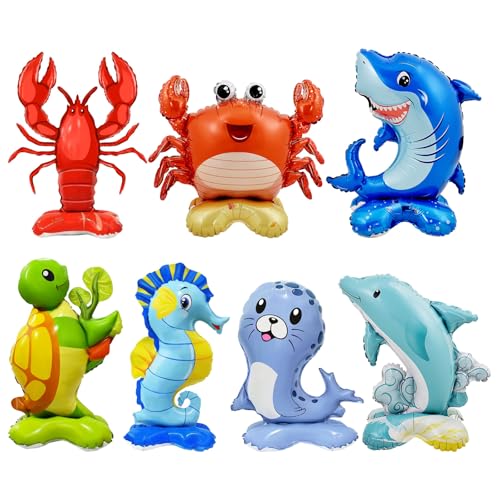 YiYou 7 Pcs Ocean Animal Balloons Standing Turtle Seahorse Dolphin Shark Crab Lobster Sea Lion Foil Balloons for Under The Sea Themed Party Decorations - Image 1