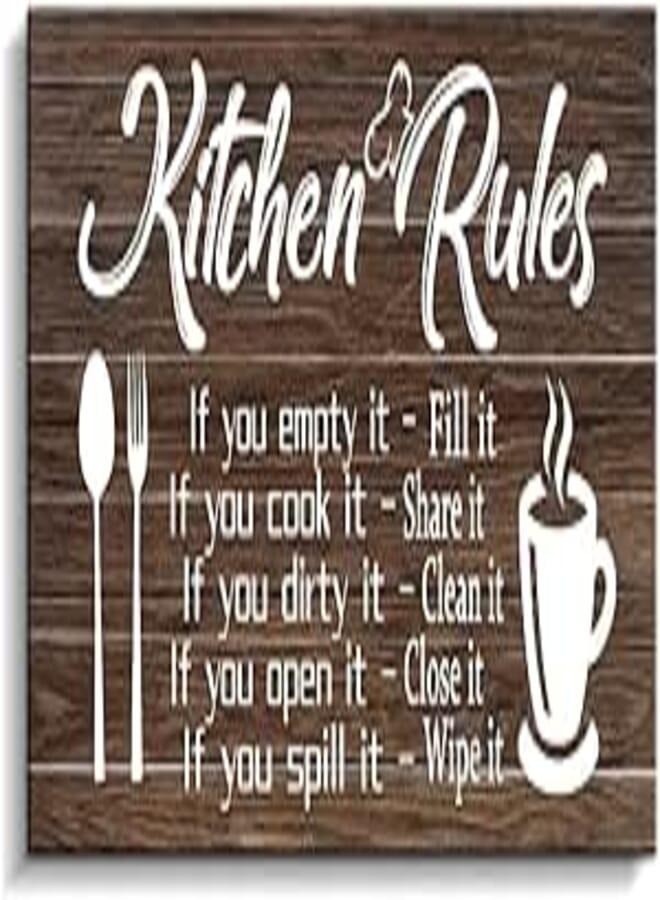 Pinetree Art Kitchen Rules Wall Decor Rustic Farmhouse Funny Kitchen Quote Wood Wall Sign Modern Home Wooden Signs for Kitchen Decoration (6" X 11.5", brown)
