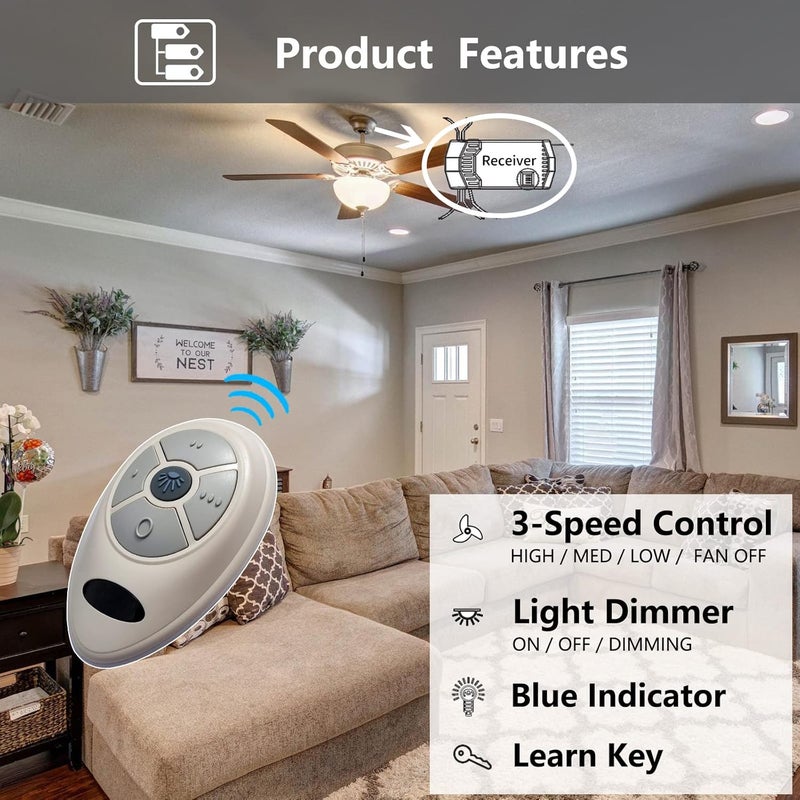 CENMING Universal Ceiling Fan Remote Control Kit for Harbor Breeze Hunter Allen Roth Hampton Bay,w/Receiver Light Dimmer 3-Speed, Replacement of L3HFAN35T1 35T1 L3HFAN35T 35T KUJCE9603 UC7202T CHQ7202T - Image 2