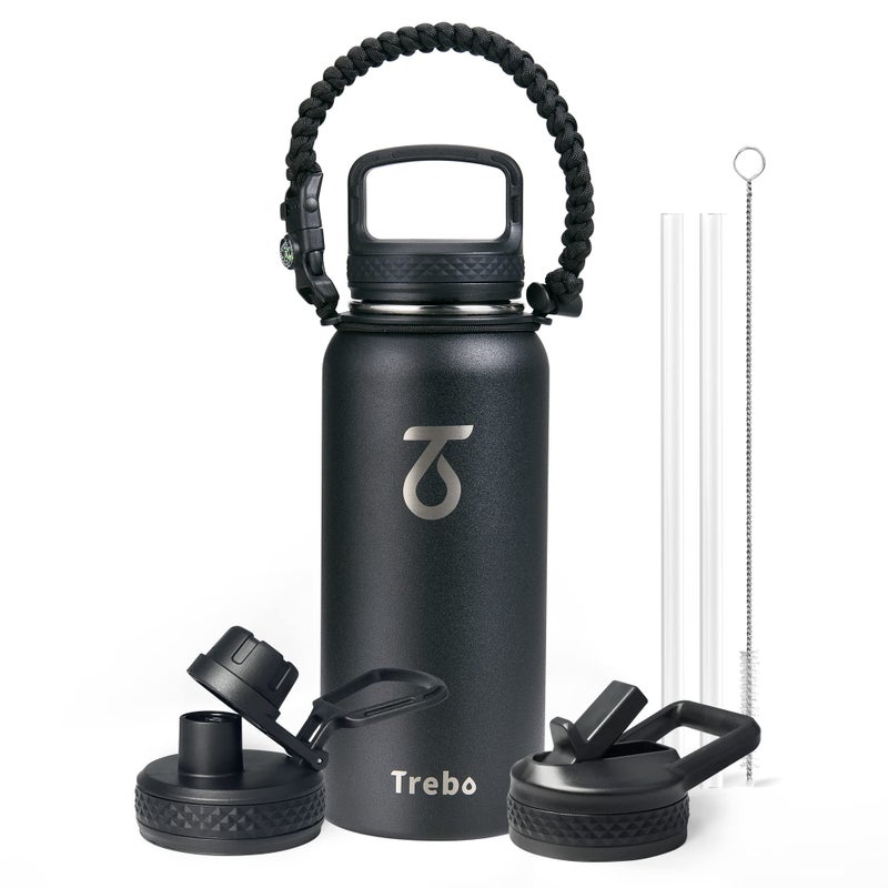 Trebo Trebo 32 oz Water Bottle Insulated with Lid and Straw Double Wall Vacuum Stainless Steel Metal Tumbler Sports Flask with Paracord Handle  Keep Hot 24 Hours & Cold 48 Hours Water Cup with 3 Lids  Black  - Image 1