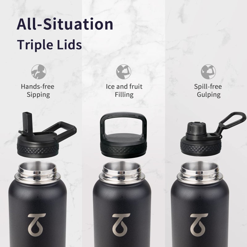 Trebo Trebo 32 oz Water Bottle Insulated with Lid and Straw Double Wall Vacuum Stainless Steel Metal Tumbler Sports Flask with Paracord Handle  Keep Hot 24 Hours & Cold 48 Hours Water Cup with 3 Lids  Black  - Image 3
