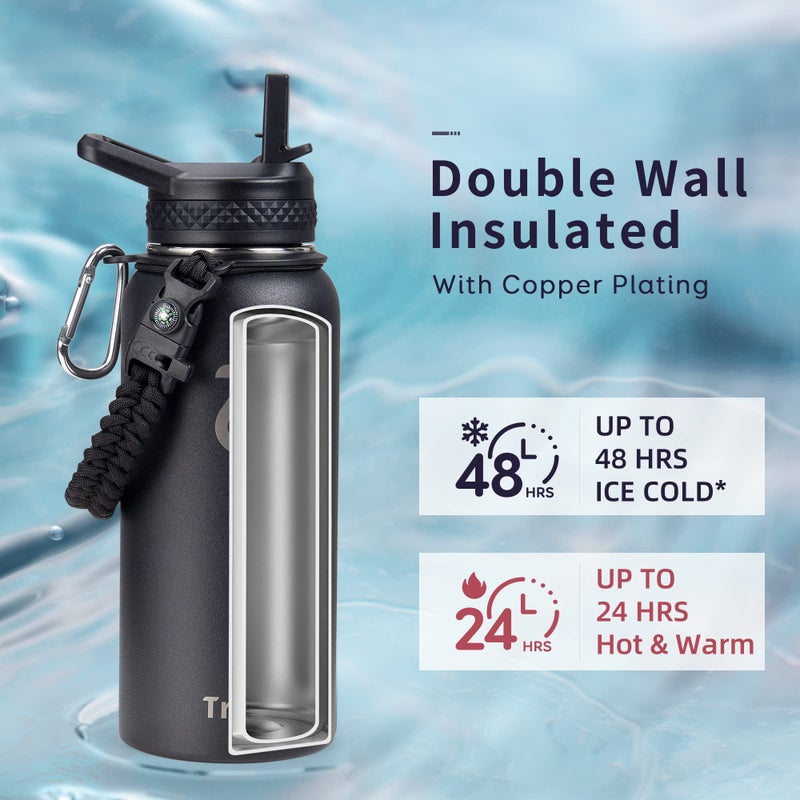 Trebo Trebo 32 oz Water Bottle Insulated with Lid and Straw Double Wall Vacuum Stainless Steel Metal Tumbler Sports Flask with Paracord Handle  Keep Hot 24 Hours & Cold 48 Hours Water Cup with 3 Lids  Black  - Image 2