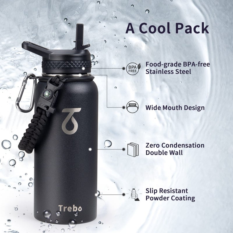 Trebo Trebo 32 oz Water Bottle Insulated with Lid and Straw Double Wall Vacuum Stainless Steel Metal Tumbler Sports Flask with Paracord Handle  Keep Hot 24 Hours & Cold 48 Hours Water Cup with 3 Lids  Black  - Image 5