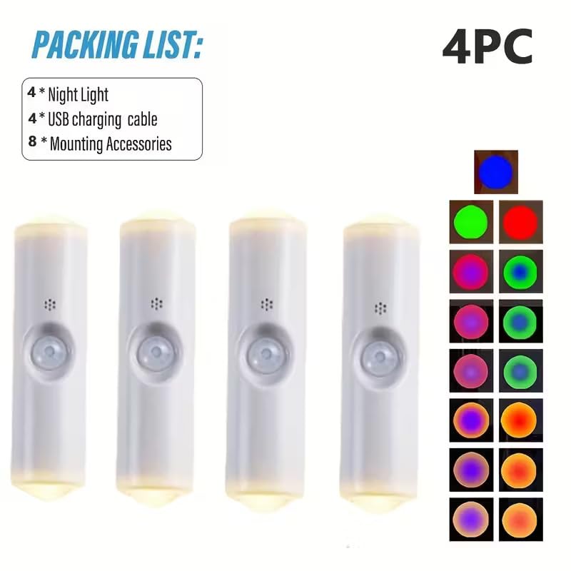 GITGRNTH 4 PCS Smart RGB Motion Sensor Light, Rechargeable LED Night Lamp with Auto On/Off & Color Changing Modes Automatic Color Changing for Home Decor, Bedroom & Hallway & Closet & Stairways - Image 4