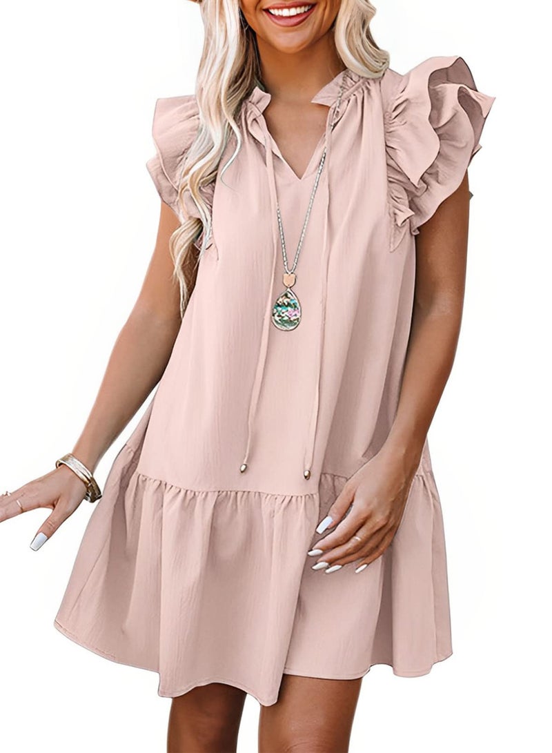 Dokotoo Spring Summer Dresses for Women 2025 Casual Sleeveless V-Neck Ruffle Pockets Lightweight Swing Tunic Dress Solid Color Mini Ladies Dresses Sun Dresses Vacation Holiday Sundress Pink Medium - Image 1
