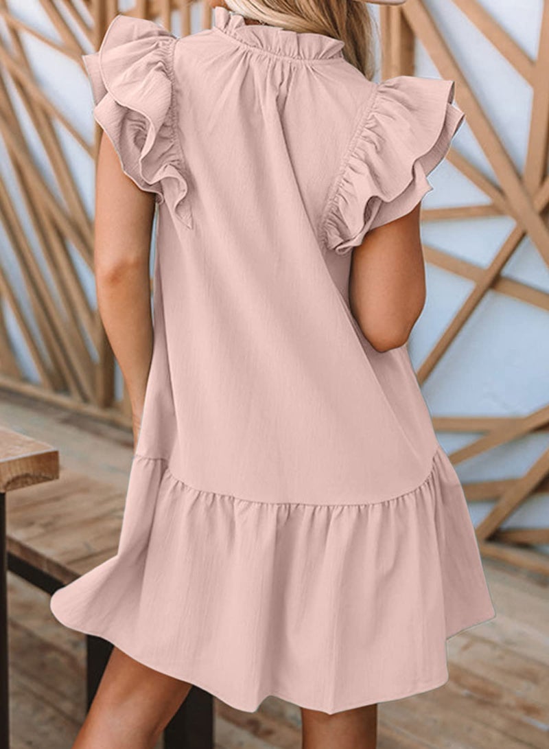Dokotoo Spring Summer Dresses for Women 2025 Casual Sleeveless V-Neck Ruffle Pockets Lightweight Swing Tunic Dress Solid Color Mini Ladies Dresses Sun Dresses Vacation Holiday Sundress Pink Medium - Image 2